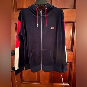 Tommy Hilfiger Sport Full Zip Velour Hoodie Navy Red White Size Medium